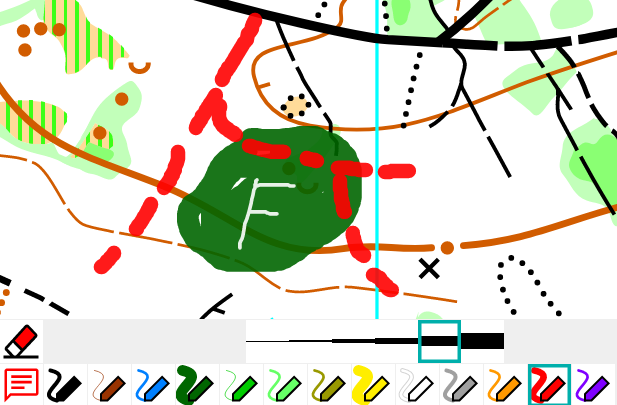 px] Each color always remembers the width used with it, so the user does not have to change width each time they change to a different color. The widths of each color are also visible in the button icons (for example the thick dark green in the image above). Filtering and sorting unused colors can be done in the Settings - Drawing - Sketching. The visibility and opacity of all Sketches can be adjusted using the Map Layers panel. Erasing The eraser tool can be used to delete sketches. The size of the eraser can be adjusted using the slider at the top of the map toolbar. The eraser is round and removes sketches when the user taps and drags the eraser across the map. Resulting in all sketches being removed: Single Color Erasing The single-color eraser allows the user to erase sketches of a specific sketch color. The Single-Color Eraser behavior button appears whenever a sketch color is selected. Tapping on another sketch color switches back to sketch drawing. In this example the red sketch color is selected, and the “erase single color” behavior is activated: Only the red sketches are erased when dragging across the map: The dark green and white sketches remain. Notes Notes are temporary objects like sketches, placed on top of the map; they have a text field and a color. They are also transferred to the OCAD Desktop. Creating a New Note Tap the Notes tool button to start the notes tool which has three behaviors (create, move, select): The add note behavior button should appear. Tapping on the map should create a note in that position on the map: The note is represented by an icon on the map. At the same time, a note editor panel will appear on top of the map. The text editor contains unique default text “Note 1,2,3” etc. The color of a note can be changed by selecting one of the other colors below the text editor. Note that other colors can be added here by changing the list of colors in Settings – Drawing - Notes. When the user starts to create a note, the create-note behavior button changes to a move behavior button, this will allow the user to reposition the note they are currently editing. To save the note tap on the button below the text editor. To discard a note without saving, tap on the button below the text editor. Selecting Notes When the note tool is active the other behavior is the select notes button. The user can select one or many notes by tapping or dragging a rectangle on the map: When notes are selected the user can: *Start to edit the note using the edit-note button – ONLY appears if one note is selected. *Zoom to the selected notes on the map using the zoom-to button. *Delete the selected notes using the delete